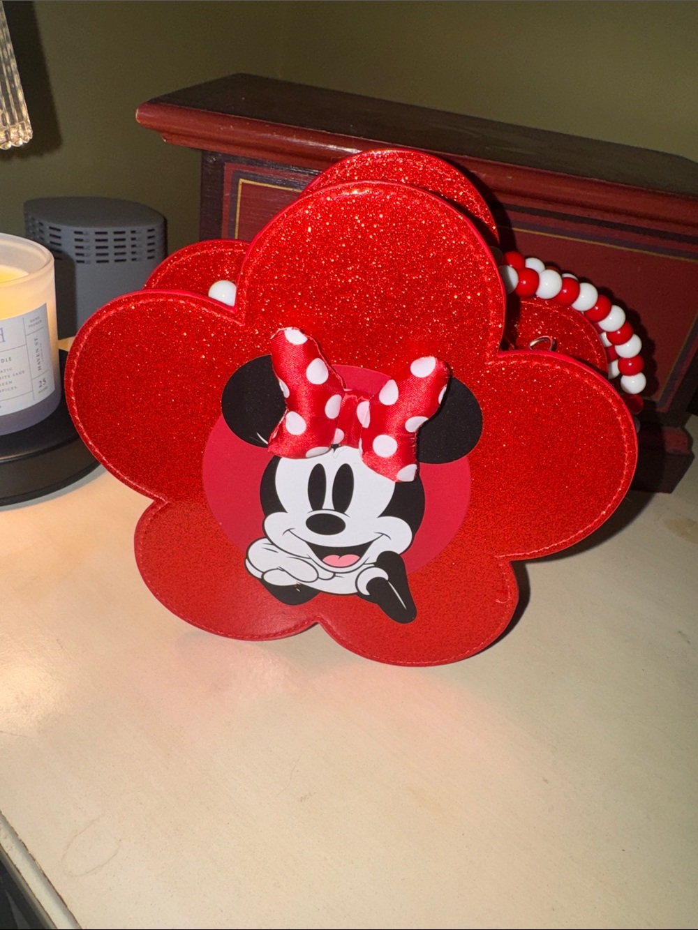 Disney Parks Minnie Mouse Red Sparkle Flower Handbag with Beaded Strap - NWOT